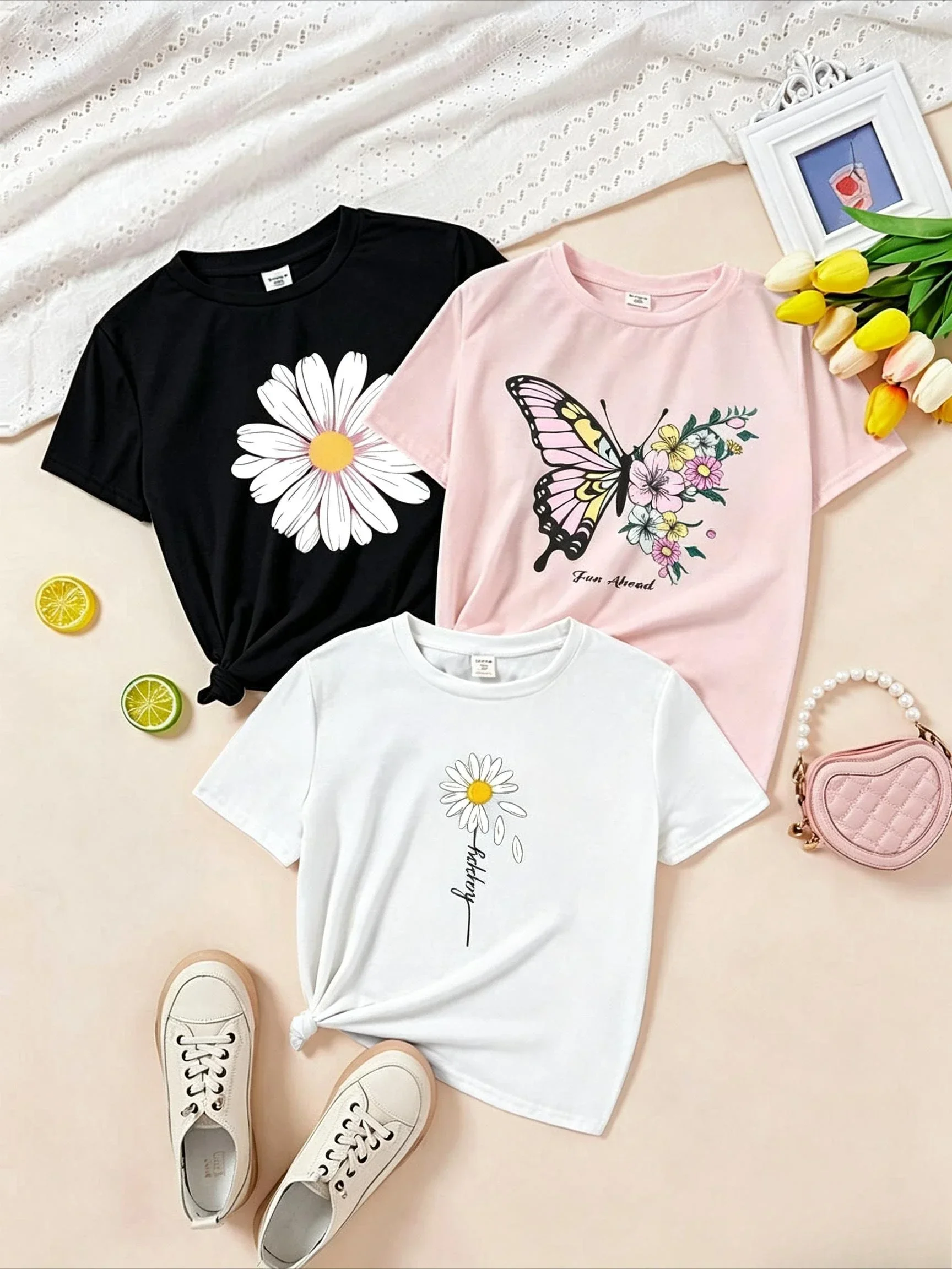 2026 Women Y2K Harajuku 3-Pack Crop T-Shirt Set, Aesthetic Butterfly Flower Graphic Print Tees, Slim Fit Crew Neck Short Sleeve Casual Basic Tops For Summer Daily Outfit