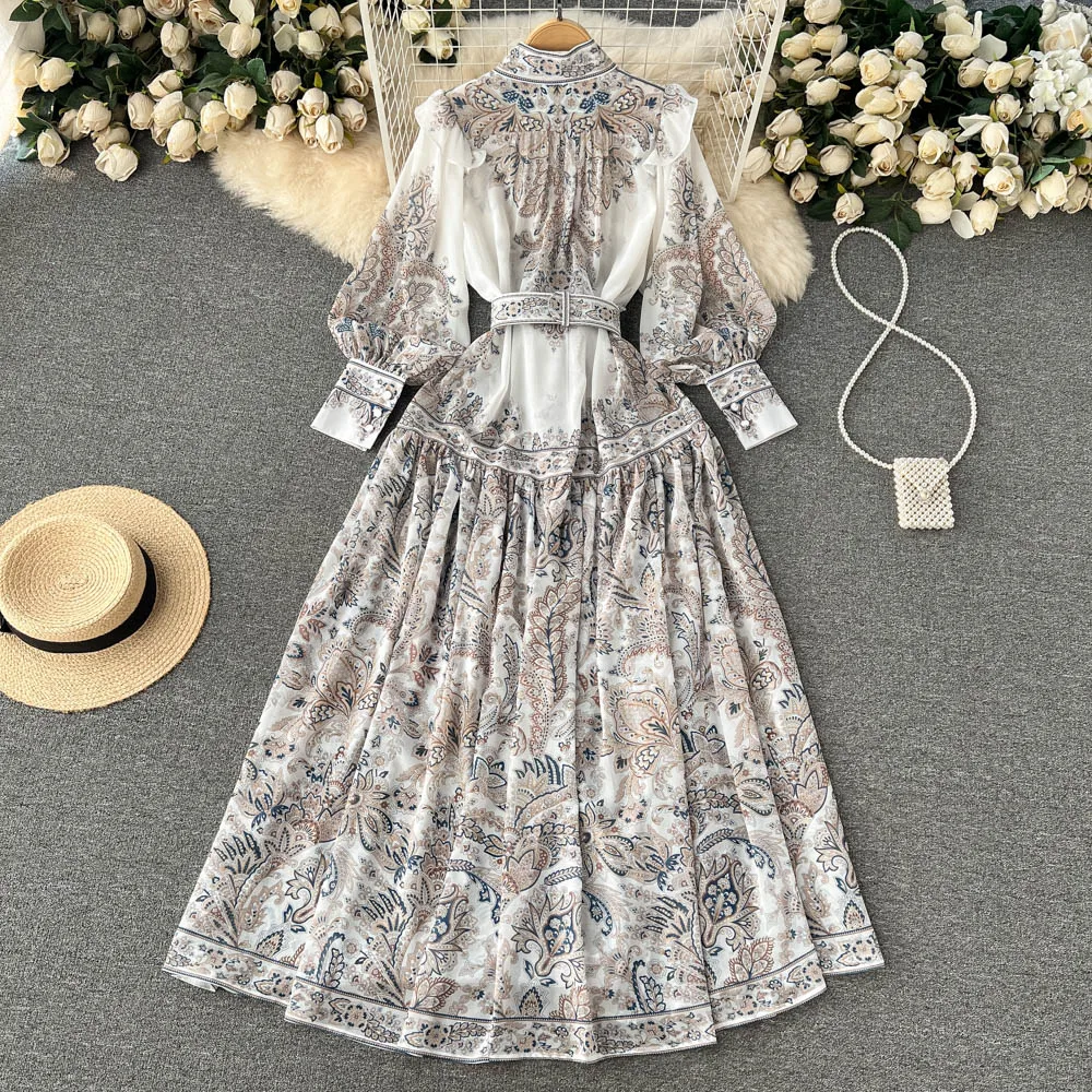 Autumn New Fashion Long Sleeve French Palace Maxi Dress Women Printed Elegant Party Vestido Feminino J058