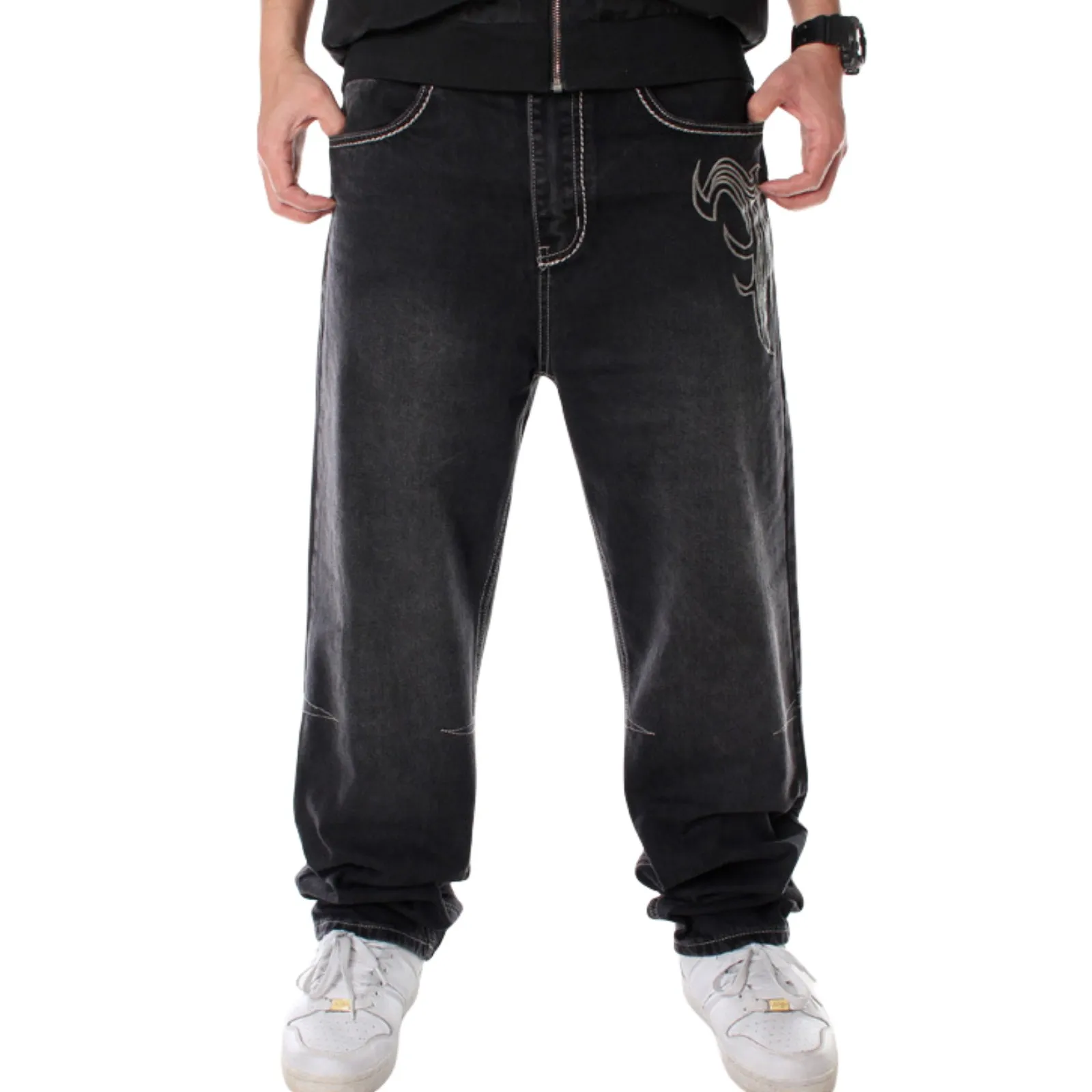 Men\'s Vintage Hip Hop Style Baggy Jeans Embroidery Denim Loose Fit Dance Skateboard Pants