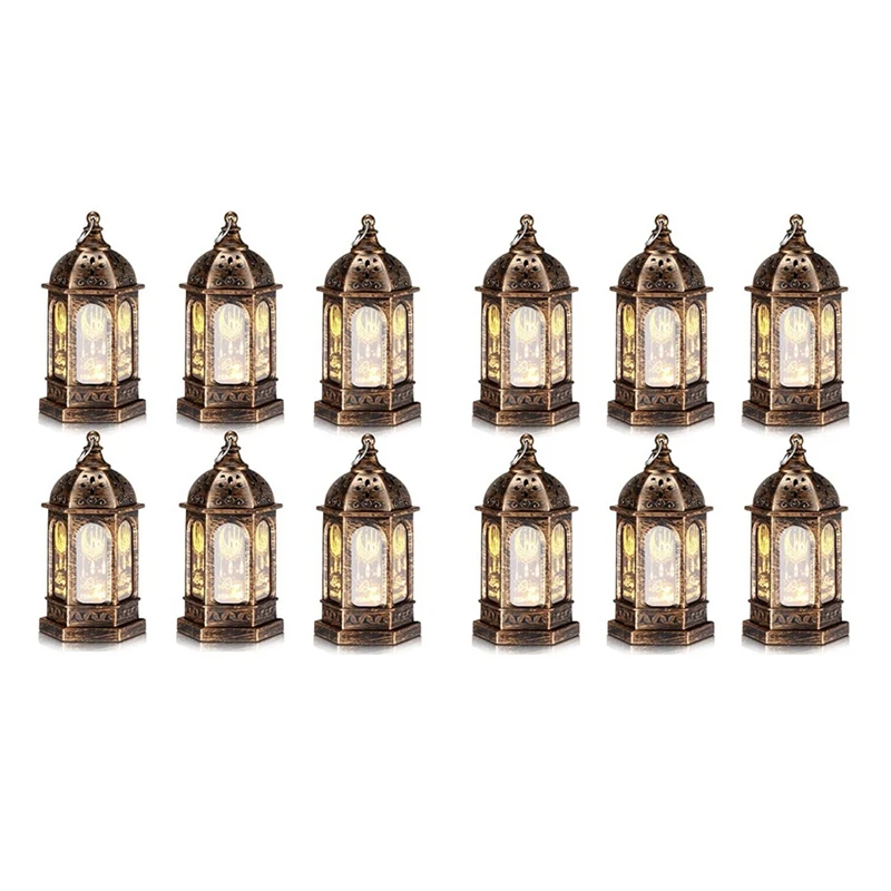 12Pcs Mini Ramadan Candle Mubarak Lantern LED Eid Mubarak Lantern Moon Star Lights Moroccan Style Hanging Lantern