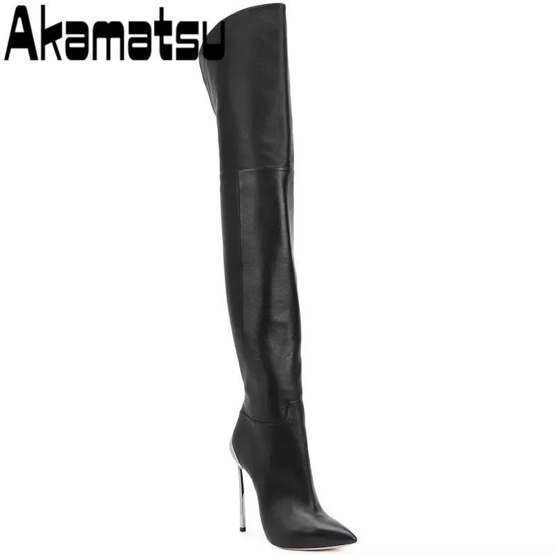 Lady\'s New Fashion Boots Pointed Toe Sliver Metal High Heels Over The Knee Zipper Boots Autumn Winter Women Party Dress Boot