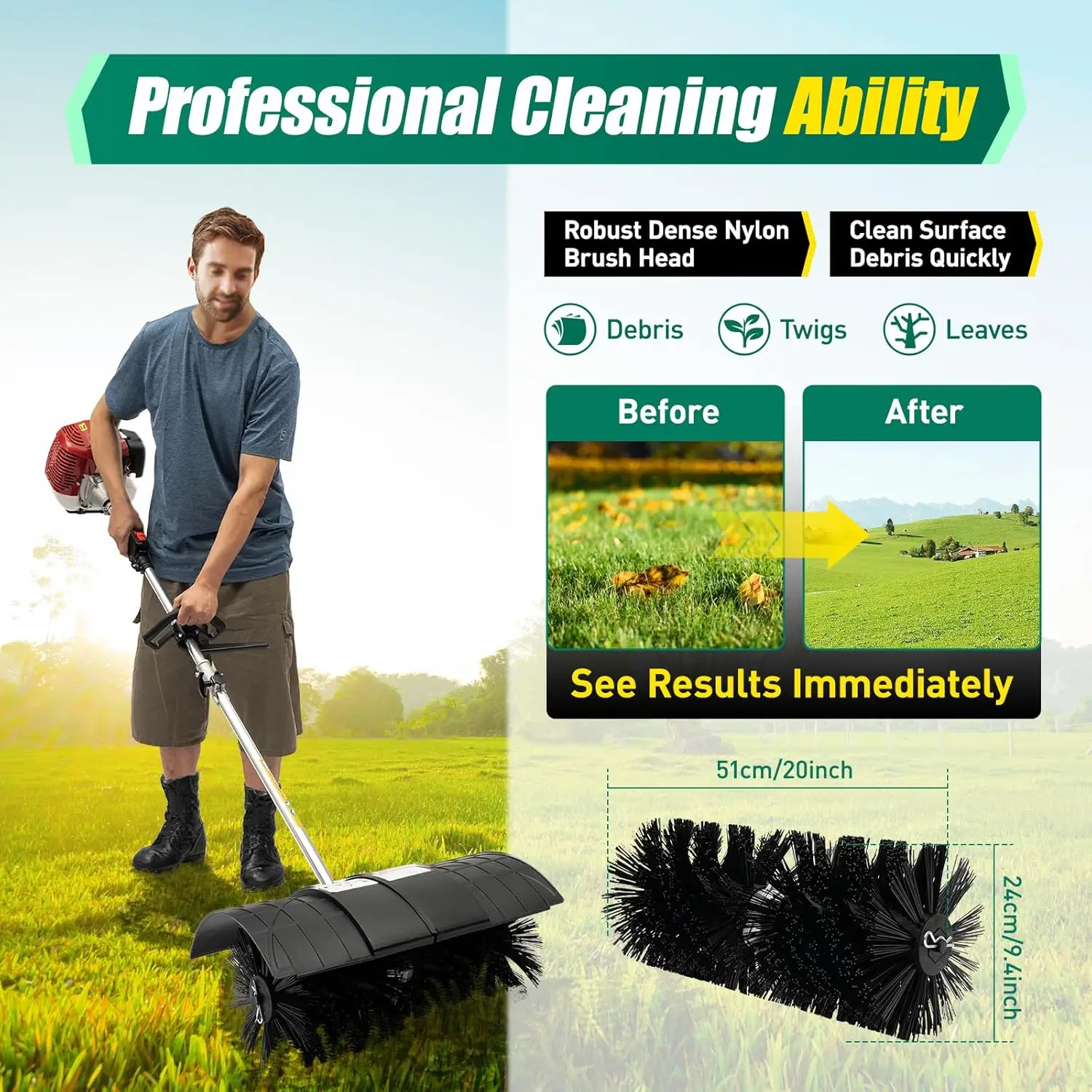 Outdoor Hand Held Gas Power Broom, 52cc Gasoline Power Broom Walk Behind Sweeper Cleaning Driveway Tools High Performance Cleane