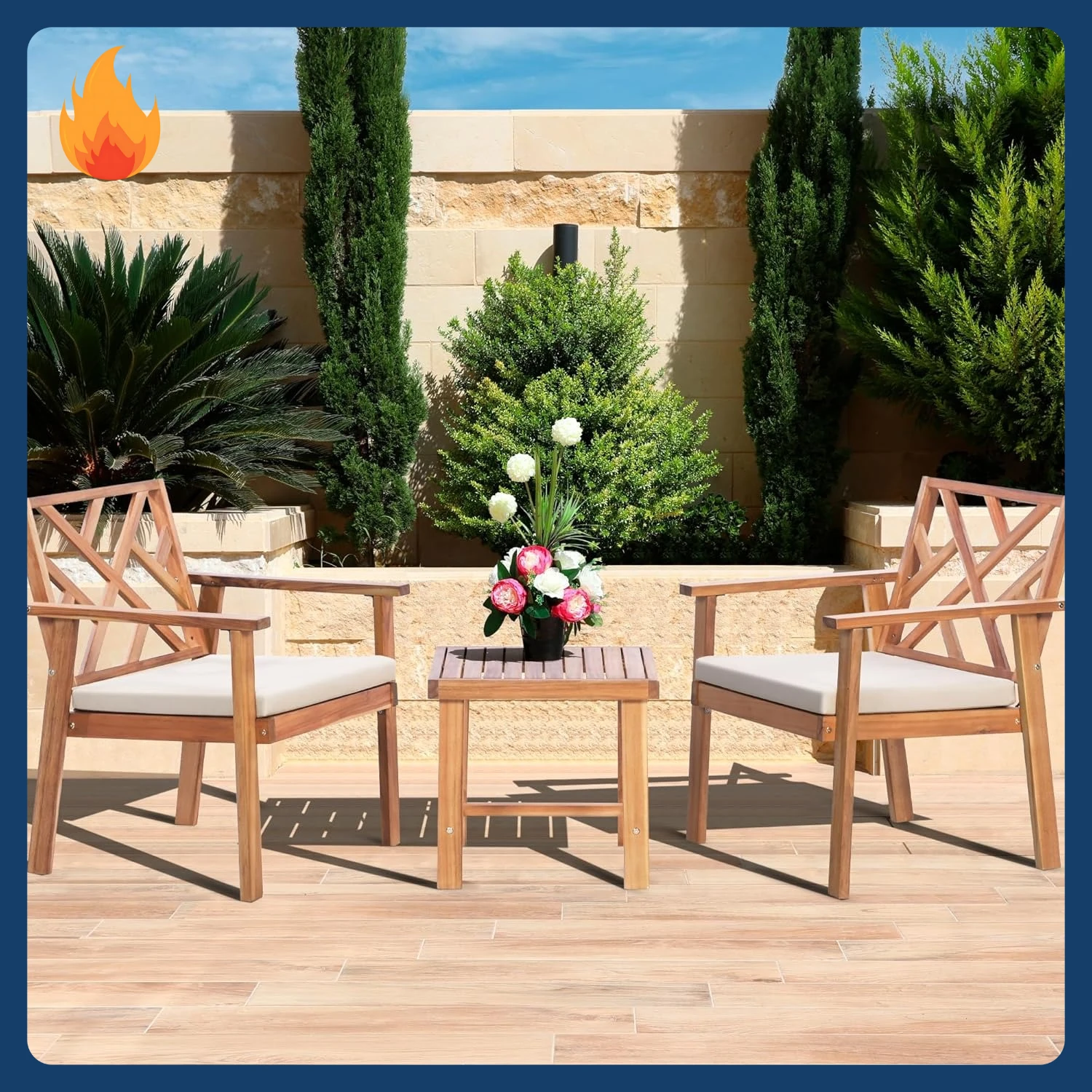 

[New Arrival!]3 Piece Outdoor Patio Furniture Set, Wooden Conversation Patio Set with Padded Cushion Chairs and Coffee Table, Ac