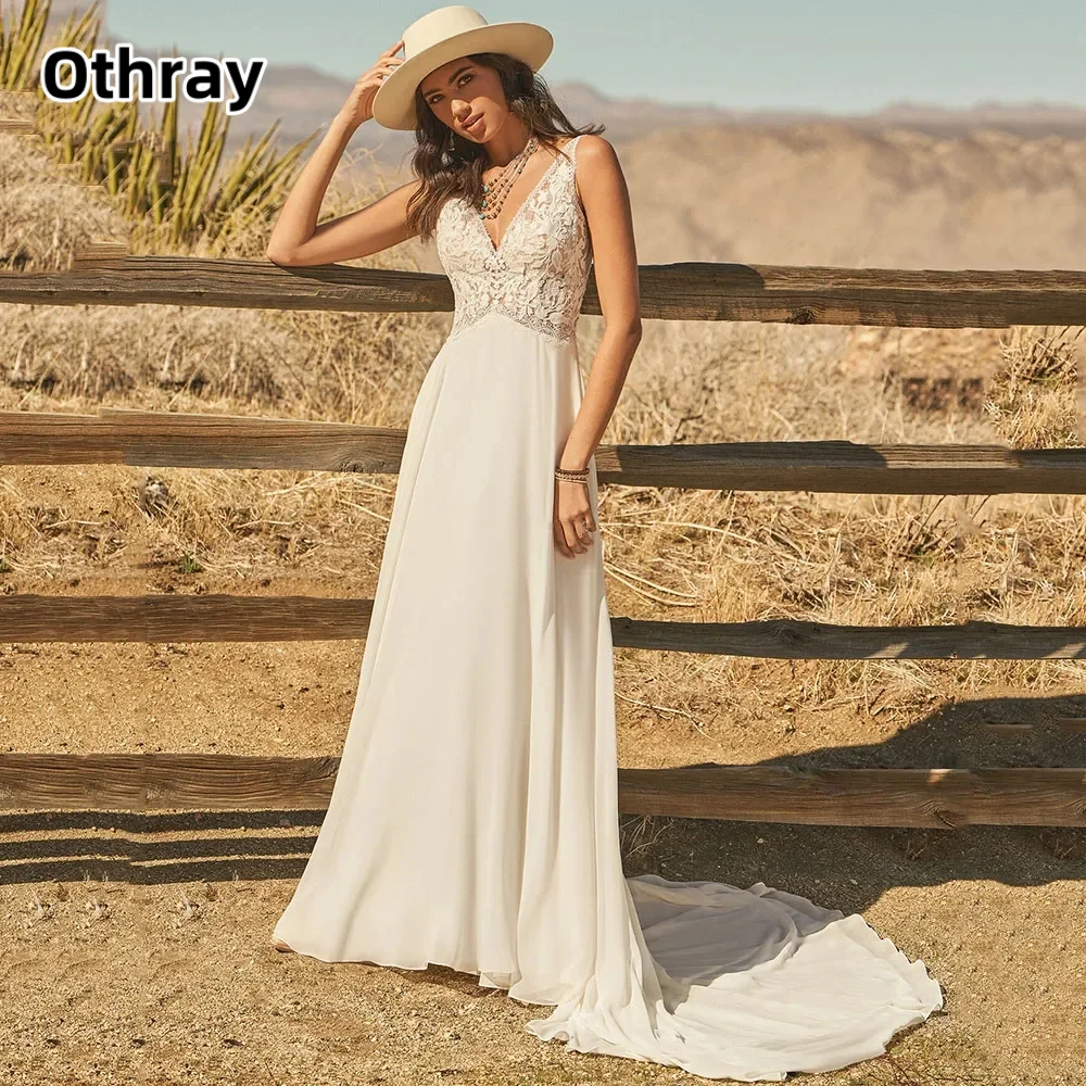 Othray Bohemian V-Neck Sleeveless Backless Wedding Dresses Lace Appliques A-Line Boho Chiffon Bride Gowns Sweep Train Robe De