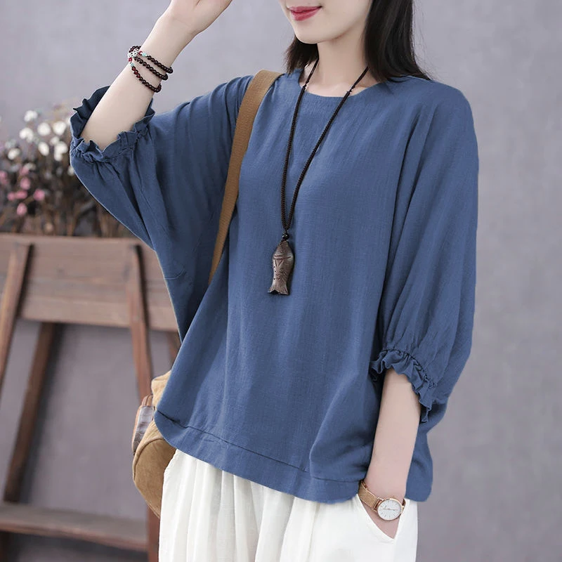 Summer New Loose Casual Batwing Half Sleeve Ruffles Shirt Ladies O Neck Solid Color Top Female Oversized Pullover Blouse Femme