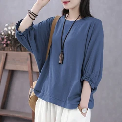 Zomer Nieuwe Losse Casual Batwing Halve Mouw Ruches Shirt Dames O Hals Effen Kleur Top Dames Oversized Pullover Blouse Femme