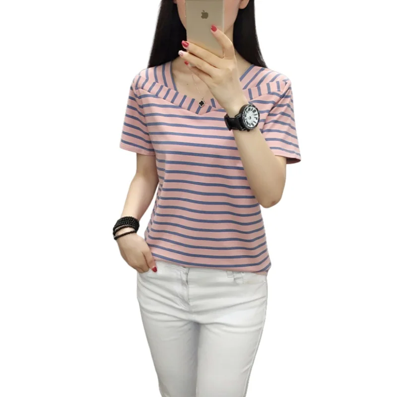 Summer Women's Cotton Short Sleeve T-shirt Plus Size Loose Casual Bottoming Shirt Fashion Striped V-neck Half Sleeve T-shirt