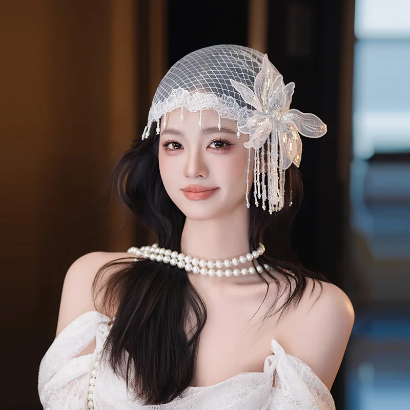 

French Bridal Retro Headdress Super Fairy Lace Flower Tassel Wedding Styling Accessories
