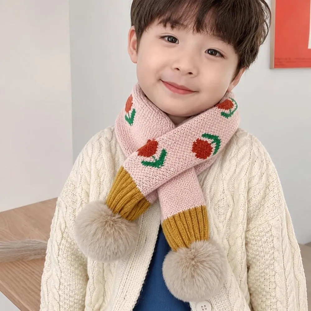 Jacquard Pattern Children Knitted Scarf Pompon Windproof Kids Winter Neckerchief Flower Print Warm Neck Cover