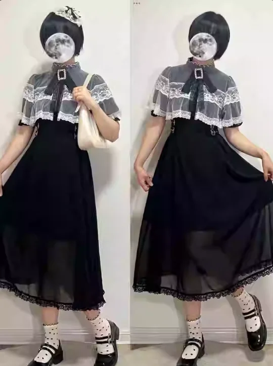 لوليتا اليابانية الحلو عالية الخصر سليم المناسب تنوعا فساتين طويلة سوداء الإنتاج الضخم هود الغزل كيب بروش فستان الدانتيل