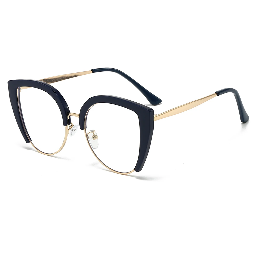 เลนส์แบนตาแมวย้อนยุค คิ้วพลาสติกสีทอง แว่นกรอบใหญ่ครึ่งกรอบ แว่นตาป้องกันแสงสีฟ้าอินเทรนด์สําหรับผู้หญิง