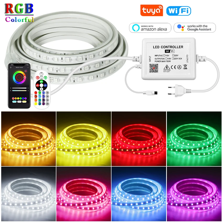 220V RGB Smart LED Strip 5050 4Pin 60LEDs/M Tuya WiFi Tape Outdoor Waterproof Lights Bluetooth Controller EU Plug 1-100M