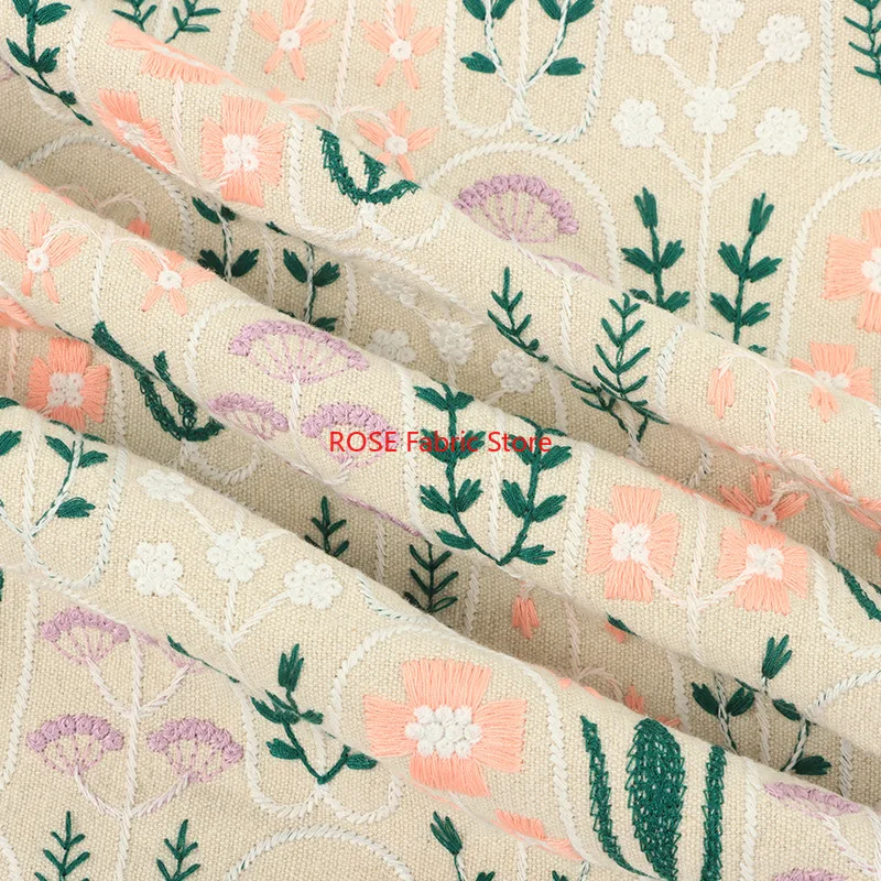 

Flower leaf Embroidered Thick Cotton Linen Fabric Designer Fabric, Green Cotton Fabric,Soft Fabric