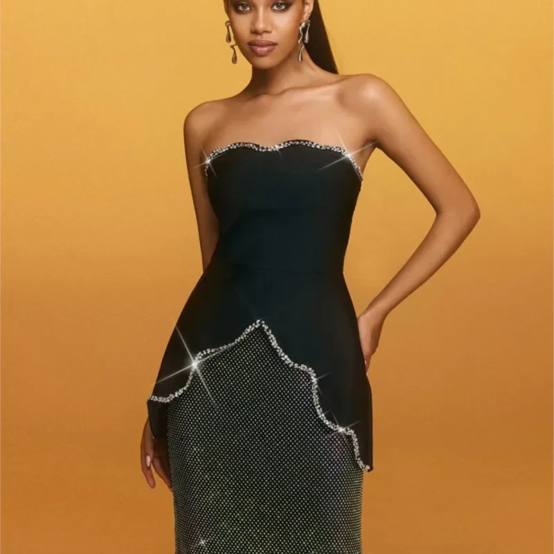High-End Dinner Glamour Black-Diamond Strapless Backless Two-Piece Maxi Dress Fashion Party Galas Evening Gown