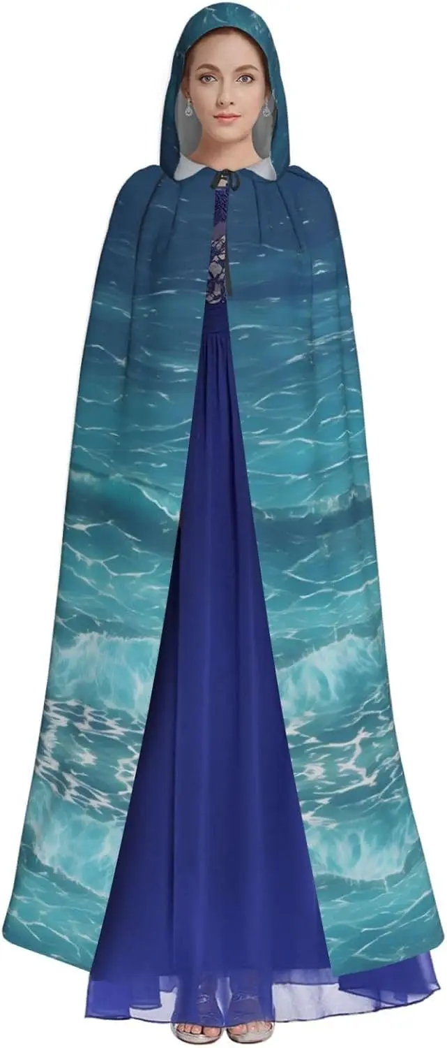 Halloween Adult Hooded Cape Cloak The Deep Blue Sea Pattern Super Large Hooded Cloak With Bow Tie