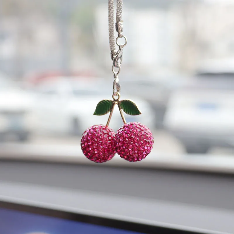 Creative Luxury Diamonds Strawberries/Cherries Car Decor Pendant Car Rear-view Mirrors Pendant Women Universal Car Accessories