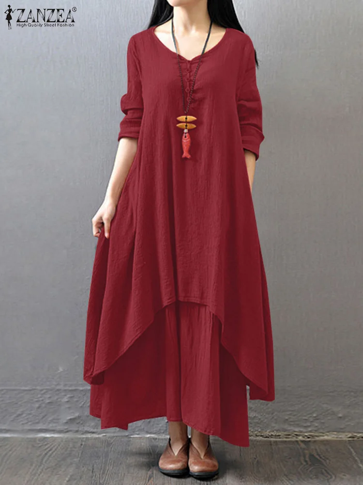 ZANZEA ฤดูใบไม้ร่วง Vintage V คอยาวแขนยาวผู้หญิงลําลอง Sundress 2024 Solid Double Layered Hem ยาว Vestido Robe Femme