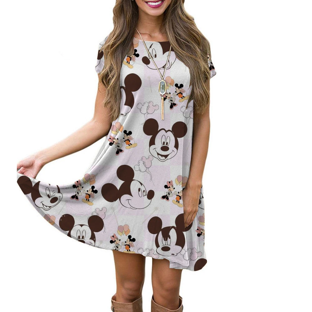 New Womens Dresses Casual Summer Midi Boho Maxi Dresses Vintage Disney Mickey Mouse print Dresses Bodycon Short Dresses ﻿