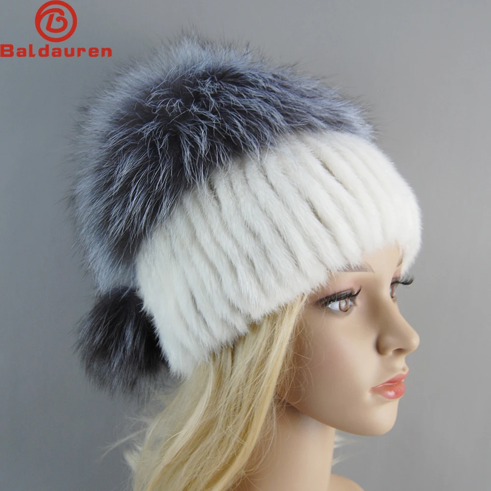 

New Luxury Womens Winter Knitted 100% Real Sable Fur hat Fur Beanie Russian Mink Fur Cap With Fox Fur Pom Poms Female Warm Thick