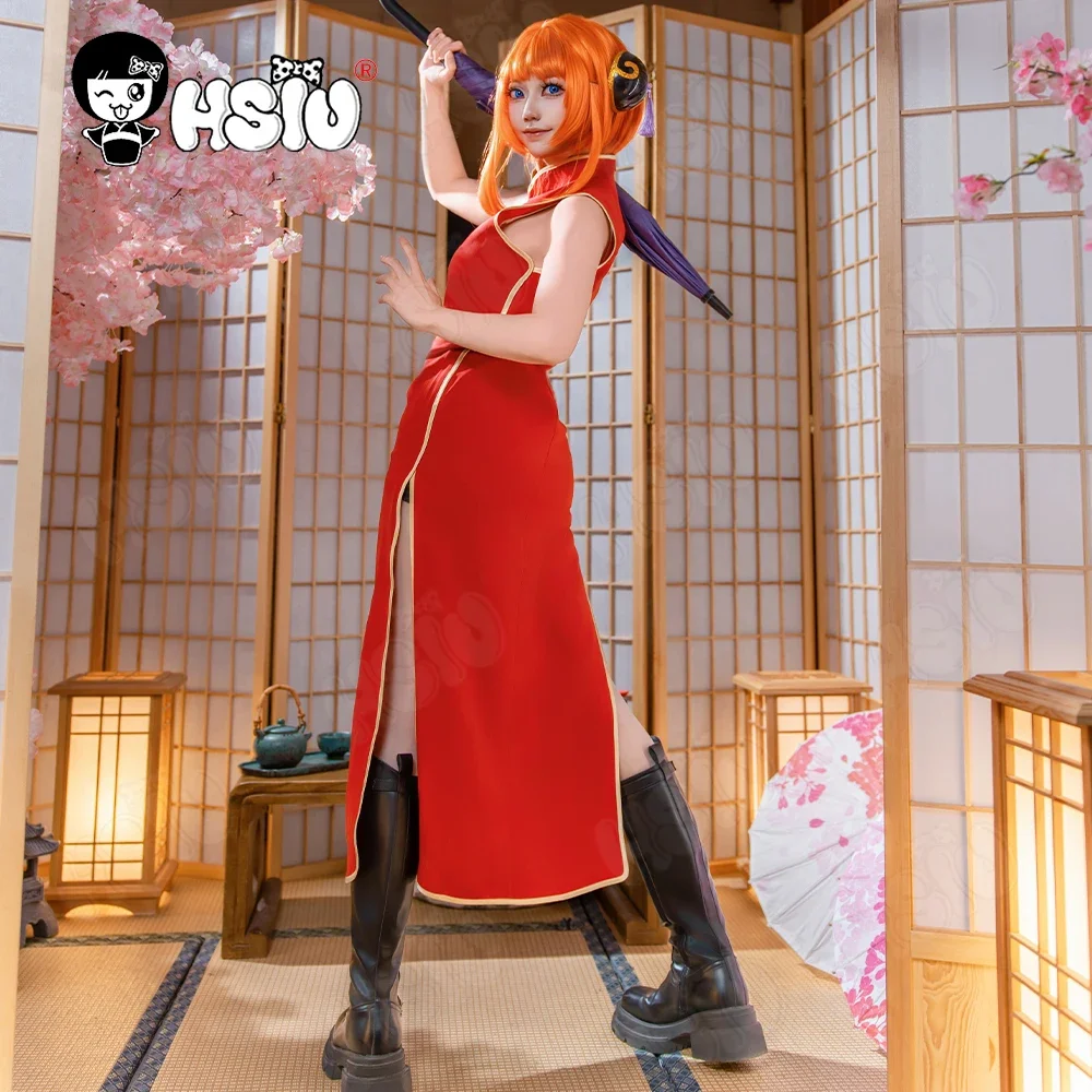 Kagura cosplay traje peruca de fibra sintética peruca 「HSIU」laranja cabelo curto vermelho sem mangas cheongsam anime gintama kagura trajes peruca