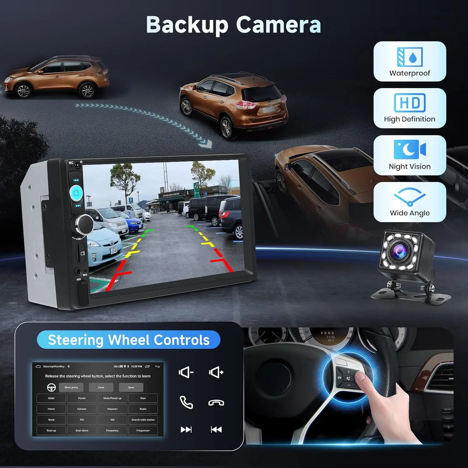 Estéreo para carro duplo Din de 7 polegadas com Bluetooth, tela sensível ao toque, MirrorLink, FM, USB/TF/AUX, câmera reversa e microfone