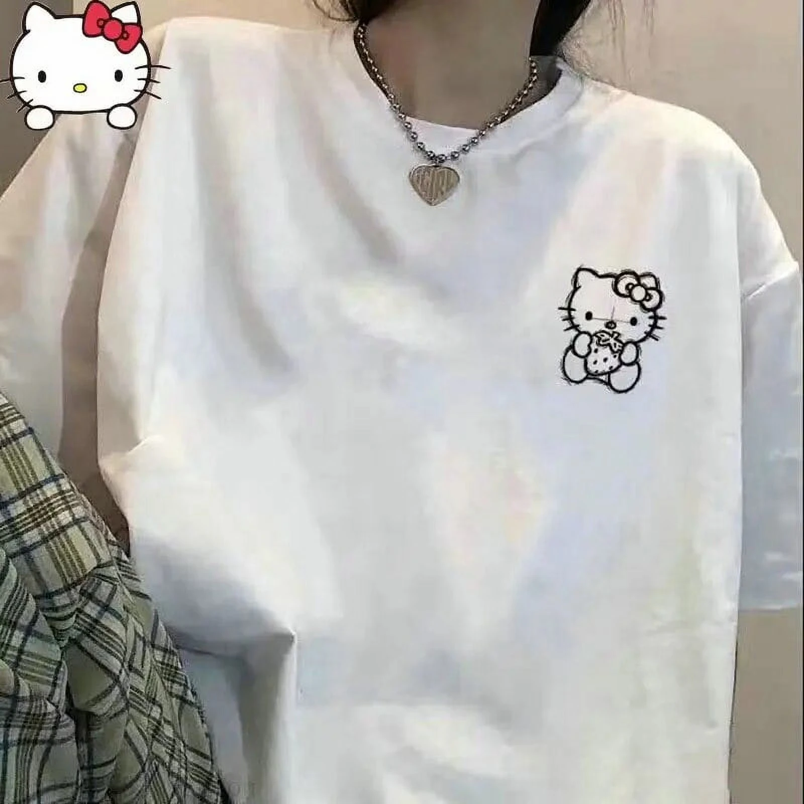 

Летняя футболка оверсайз 2026 года в стиле Hello Kitty с клубничным принтом, 100% хлопок, свободный крой, для взрослых и детей, Y2K