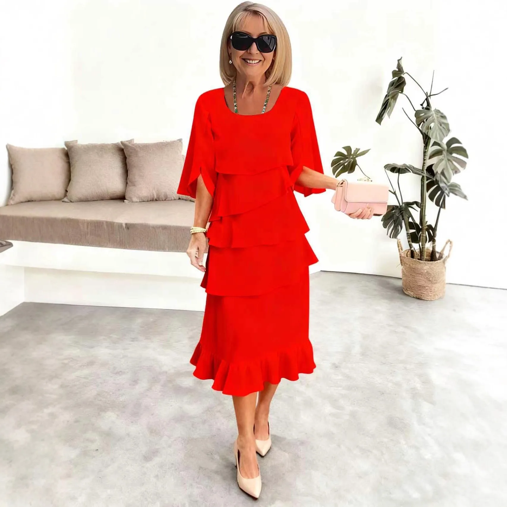 Indian Dress Indian Outfits Woman Red Dresses Pakistani Woman Black Casual Dress Round Neck Cap Sleeve Tiered Midi Length view 3