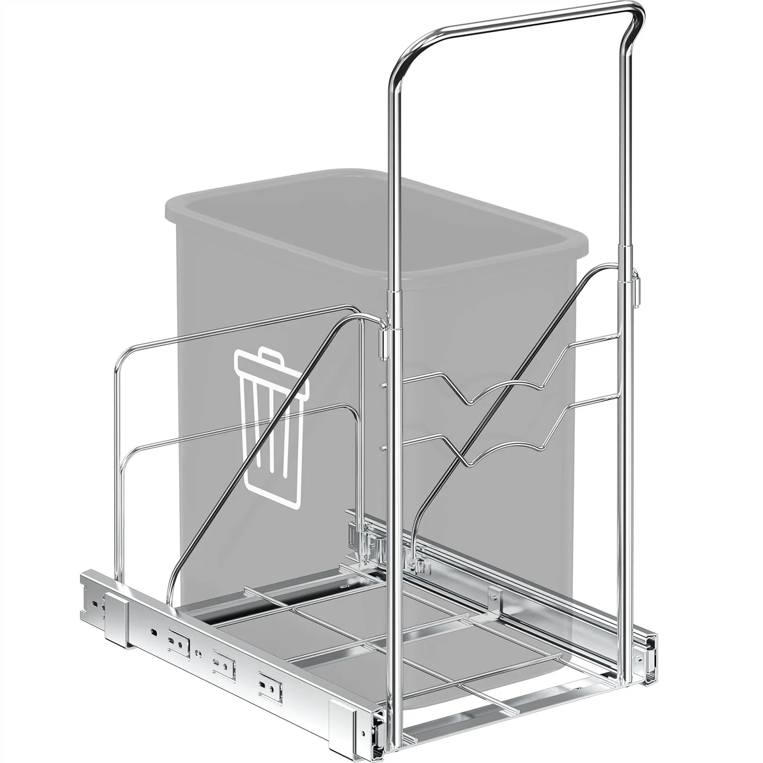 

Under Cabinet Sliding Shelf for 7-13 Gallon Trash Can, Adjustable Handle and Back Support, Heavy-Duty Rails, Chrome Steel, 50