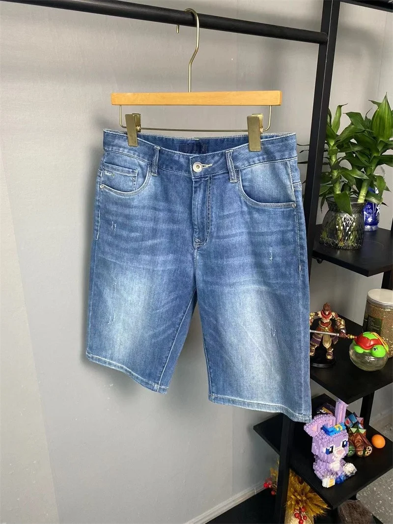 

Comfortable Breathable Soft Jeans Shorts Men's Summer Thin Straight Cut Five-Quarter Length Casual Blue Denim Mid-Waist Trousers