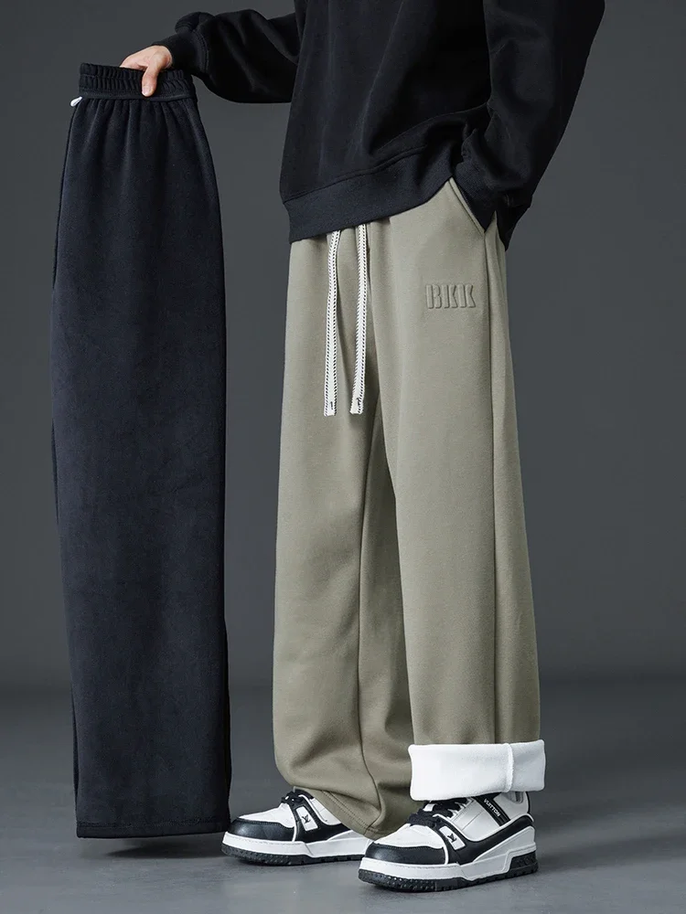 Fleece Sweatpants Men Wide Pants Winter New Thick Warm Baggy Casual Joggers Thermal Trousers Male Straight Plush Pant