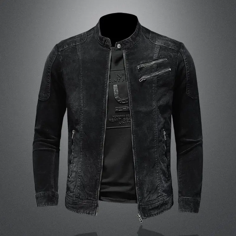 

New denim jacket men loose casual stand collar zipper motorcycle jacket retro fashion men's jacket streetwear men's clothing