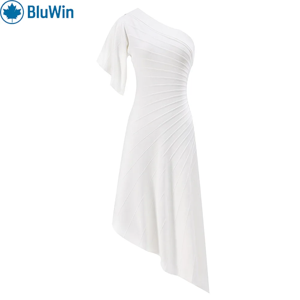 BluWin Cold Shoulder Bell Sleeve Knit Dress Women Asymmetrical Hem Diagonal Rib Ruched Bodycon Waist Defining