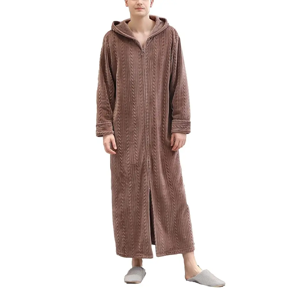 

Мужской домашний халат с капюшоном на молнии, фланелевый, с карманами, мягкий, теплый, длинный, флисовый