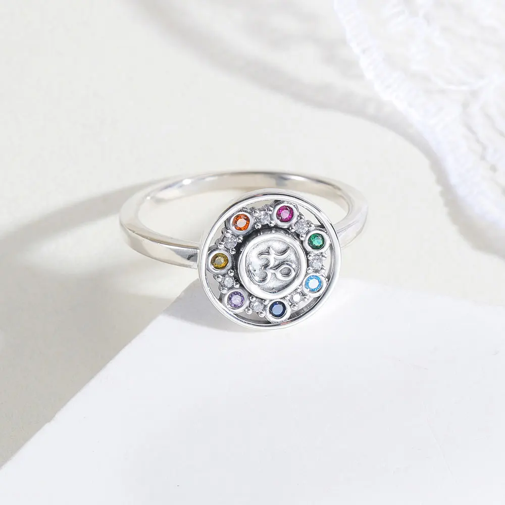 925 Sterling Silver Rotatable Yoga Seven-Color Chakra Ring Hypoallergenic Ring Holiday Blessing Lucky Jewelry Gift For Women