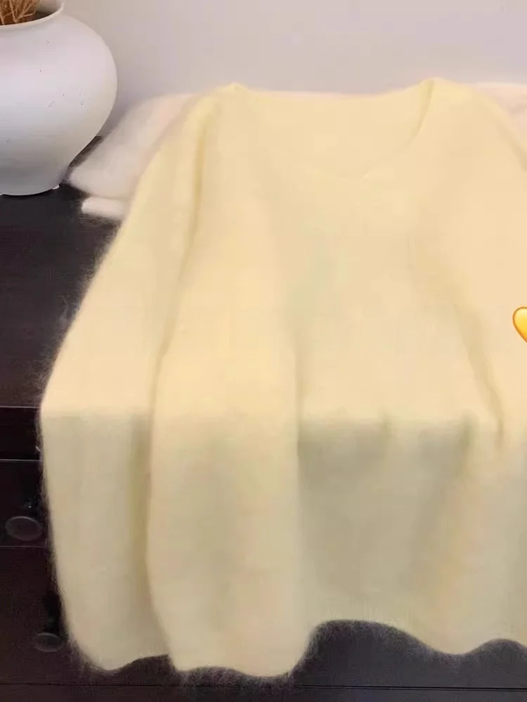 

Свободный вязаный свитер с V-образным вырезом для женщин, осенне-зимний, мягкий, теплый, бренд Bule, европейский стиль, желтый