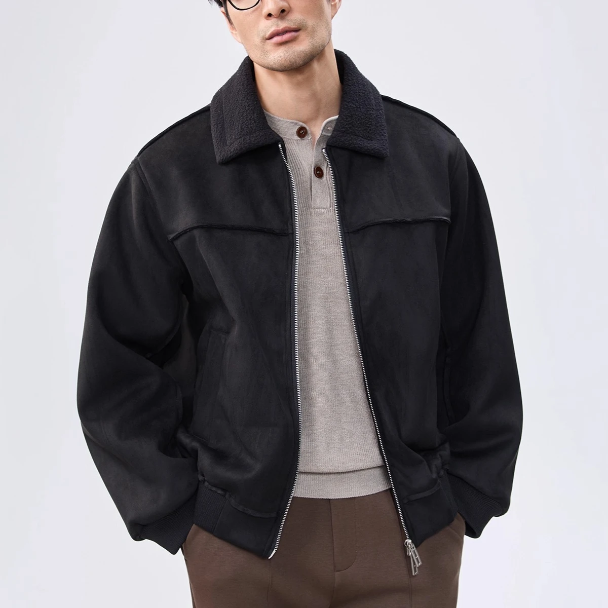 

Korean Woolen Collar Suede Jacket Men's Autumn Winter 2025 Casual Motorcycle Leather Jacket Business Lapel Silhouette Short Coat