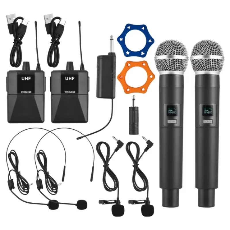 STLF UHF Wireless Mic System Handheld Dual Microphone with Receiver Wearable Transmitter Headworn and Lavalier Microphones
