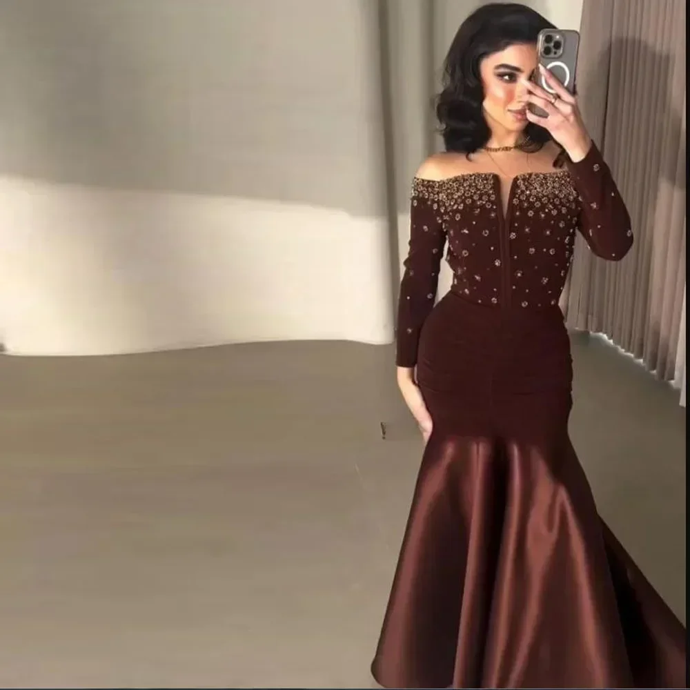 

Long Sleeves Mermaid Prom Dresses Crystal Satin Evening Party Gowns Satin Dresses Customized Exquiste Off The Shoulder