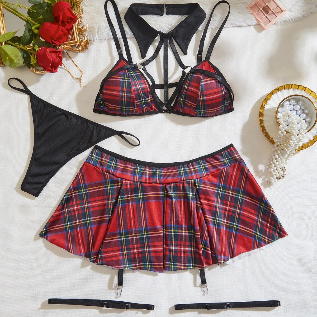 ECTOOKO Sexy Lingerie Plaid Passion Student Uniform Temptation Bra Short Skirt Thong 3-piece Set