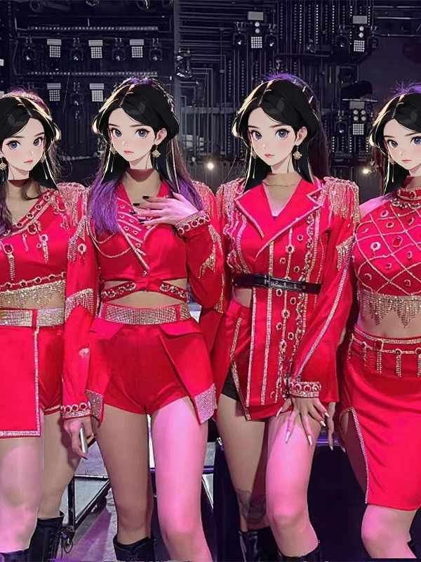 

Red Jazz Performance Suit 2025 Bar Show Female Group Stage Set Costume Roman Cloth Polyester 96% Other 4% Traditional Ethnic ...