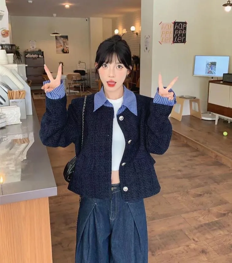 

Tweed Jacket Cream Beige Womens Winter Shiny Edge Blazer Patchwork Colorblock Color-Clashing Outerwear Formal Business Workplace