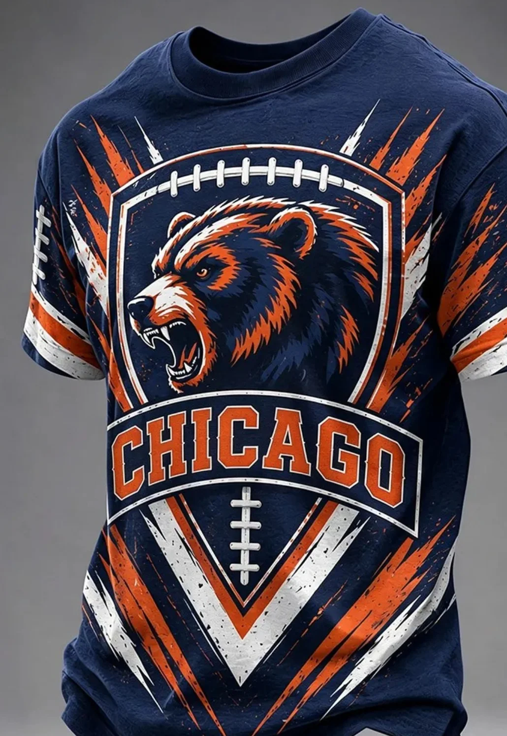 Men's Navy Blue Round-Neck Striped Sleeve T-Shirt with Bear and Football Pattern, Back-to-School Casual T-Shirt.