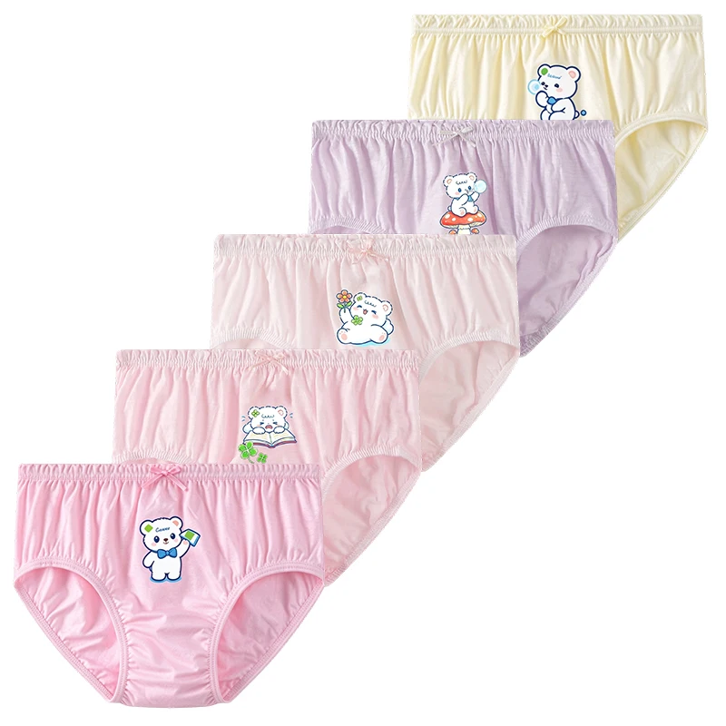 5-Piece Pure Cotton Girls Panties Cute Bear Print Solid Plaid Children Triangle Underwear Comfortable Fit Breathable Girl Briefs