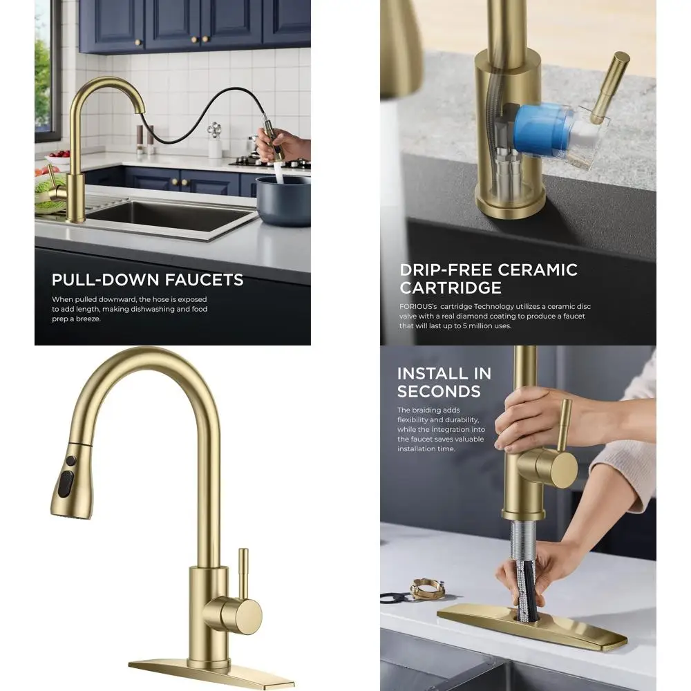 

Pull-Down Spray High Arc Faucet, Single Handle Stainless Steel, 1 or 3 Hole, Ideal for Farmhouse, Camper, Laundry, RV, Bar