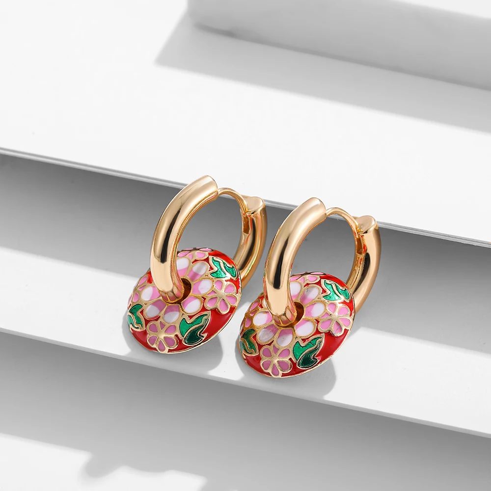 Vintage Round Enamel Colorful Flowers Circle Charms Dangle Earrings for Women Stainless Steel 18K Gold Plated Huggies Earring