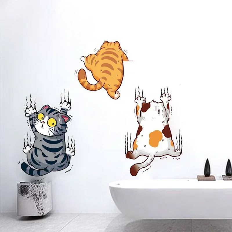 3 Pcs Cute Cat Climbing Wall Stickers Toilet Decor Sticker Bathroom Mural Room Background Self-adhesive Decals Home Decoration