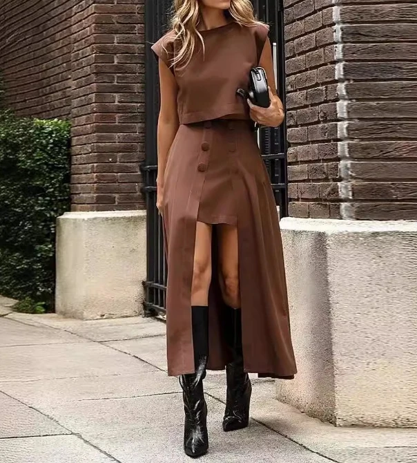 Elegant Style Skirt Set Women 2024 Summer A-Line Skirt Round Neck Slim Short Top Temperament High Waist Asymmetrical Skirt Suit