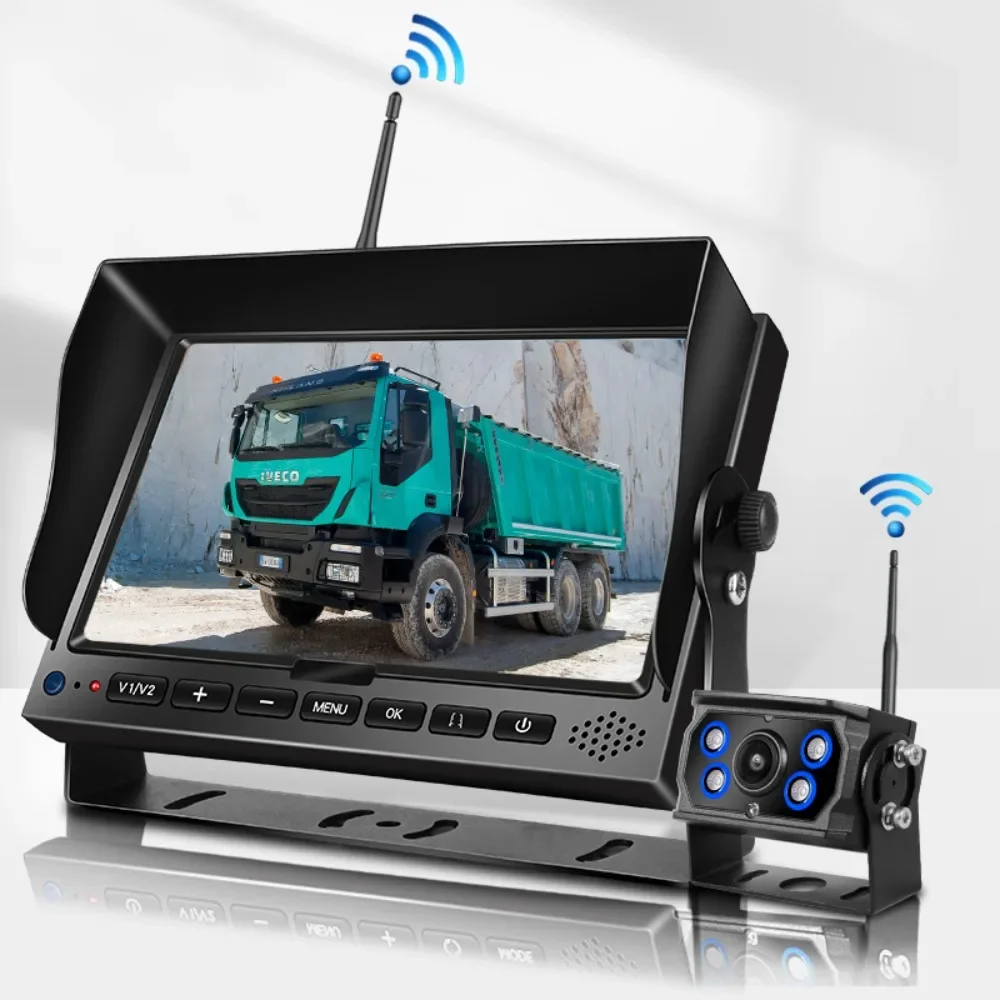 7 Inch Cordless Quad Screen Support 256GB MDVR with Digital Wireless Backup Rear View Camera for Car Truck RV Lorry Trailer Bus