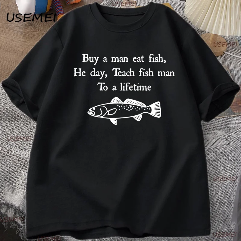 

Funny Fish T-Shirt Buy A Man Eat Fish Meme Tee Fisherman Weird Tshirt Male Short-sleeve T Shirt Cotton Man Clothing Y2k Clothes