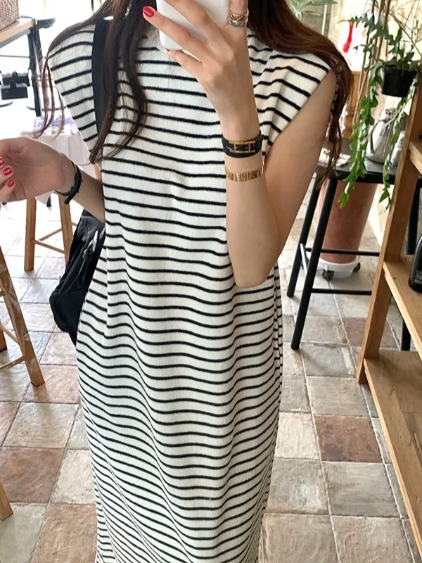 Novedad de verano, chaleco a rayas para mujer, falda larga de corte recto Dr Lazy Sle Color Blo, Ba Split round Ne No Sve, cómoda